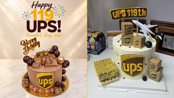 Two decorated cakes celebrate the 119th Founders Day for UPS. The cake on the left is topped with miniature delivery boxes, chocolate spheres, and the UPS shield, with text reading Happy 119 UPS Founders' Day 2026. The cake on the right features a large UPS shield, small parcel boxes, a model airplane, and a topper reading UPS 119th. Both cakes are displayed indoors on flat surfaces, emphasizing a festive corporate anniversary theme.