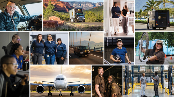 A collage of images shows delivery professionals, trucks, and an airplane in various work environments. Scenes include drivers in truck cabs, a cargo plane on the runway, and delivery vehicles on roads and in urban areas. Several photos highlight warehouse operations, package handling, and colleagues collaborating or posing together. The overall mood emphasizes professionalism, reliability, and diverse teamwork across transportation and logistics settings.