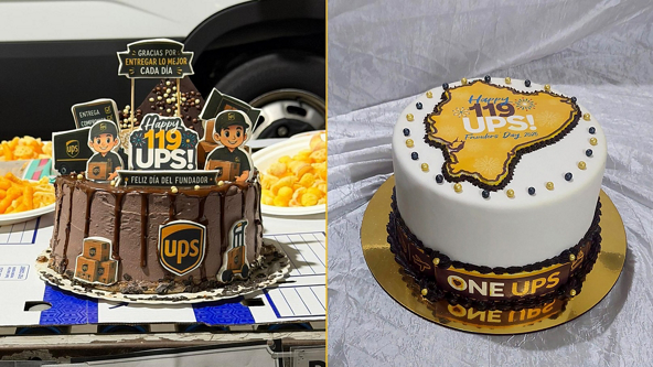 Two decorated cakes celebrate a UPS anniversary with festive designs. The left cake is chocolate with cartoon delivery workers, UPS shields, and Spanish text thanking for daily deliveries. The right cake is white with a yellow map graphic, UPS shield, and the phrase ONE UPS on the base. Both cakes prominently feature the number 119 and are displayed on tables with snacks and party elements in the background.