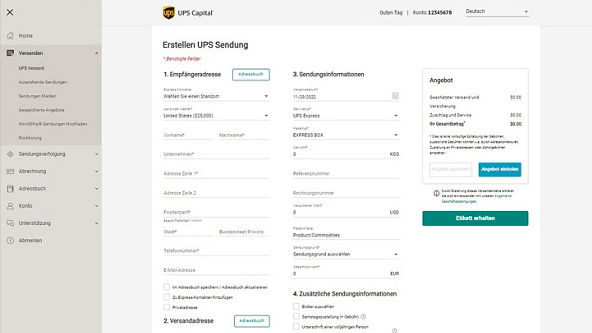 Parcel Pro platform shipping information screen in German