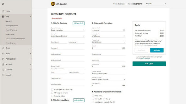 Parcel Pro platform shipping information screen
