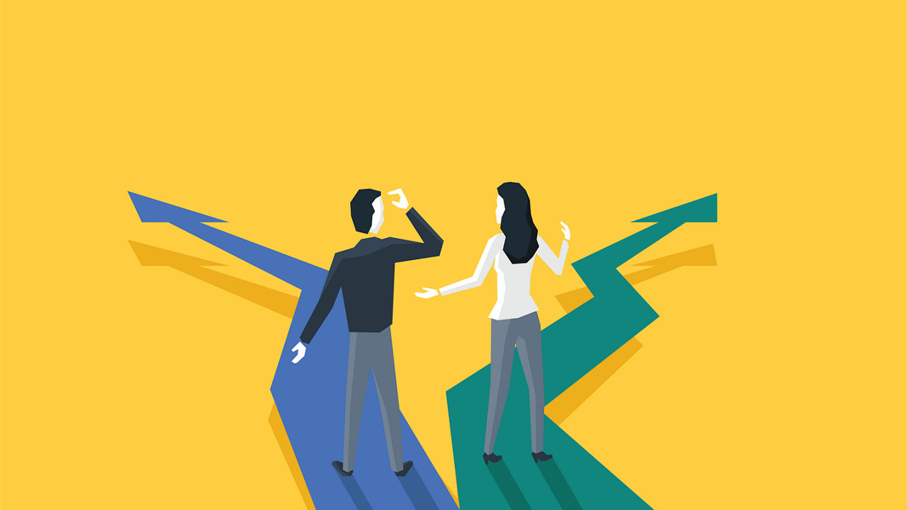 Man and woman deciding which road to take