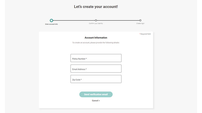 Screenshot of the registration step of InsureShield Online Portal