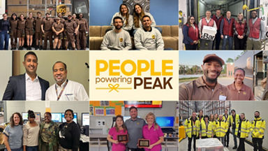 A collage featuring various workplace settings and team members in uniforms and casual attire. The central image highlights the text 'People Powering Peak' in bold yellow and white. Surrounding images showcase employees in group photos, office environments, and warehouse settings. The visuals emphasize teamwork, collaboration, and professional recognition.