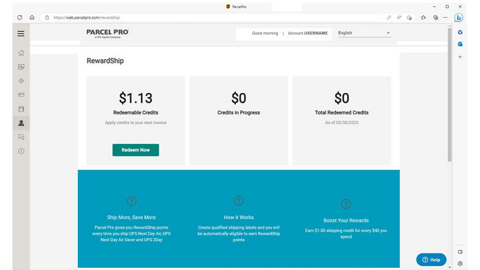 Demonstration of how RewardShip looks like within the Parcel Pro portal