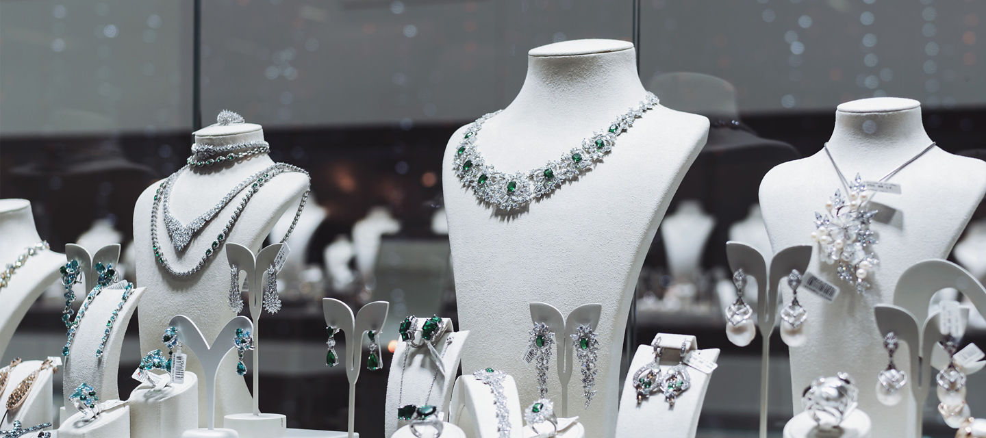 High end jewelry shown in display window