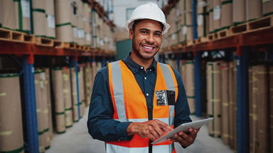 Male in a safety vest and hard hat holding a tablet in a warehouse 