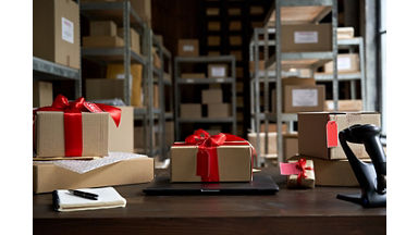 Table with laptop and gift boxes with sale tags on table in warehouse. Online ecommerce retail business black friday discounts deals, free shipping. Best buy holiday offers concept storage background.; Shutterstock ID 1832266981; purchase_order: Ted Bruner; job: ; client: ; other: 