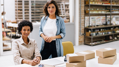 Two women in shipping environment with boxes on table