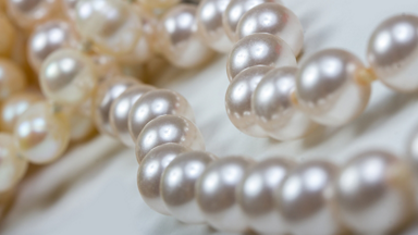 Close of a pearl necklace on a white background 