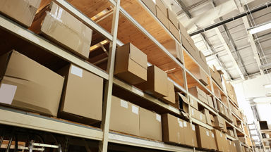 Warehouse shelves full of boxes 